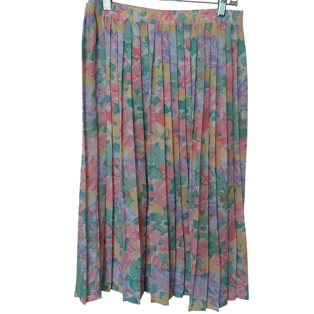 Vintage Pastel Floral Pleated Midi Skirt Elastic Waist Cottagecore Pink Green